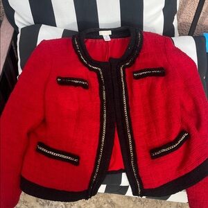 Chico's Tweed Red Blazer with Black and Gold Accents